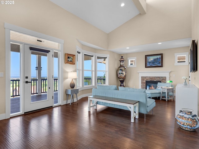 living room featuring plenty of natural light, a fireplace, wood finished floors, and baseboards