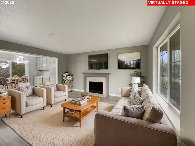 living area with a fireplace, baseboards, and wood finished floors