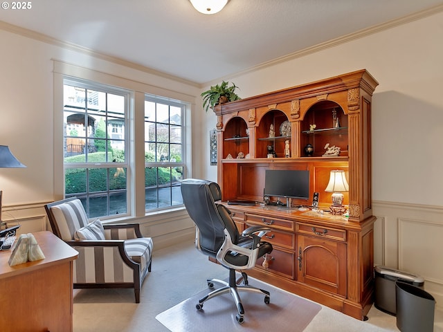 carpeted home office featuring a healthy amount of sunlight and crown molding