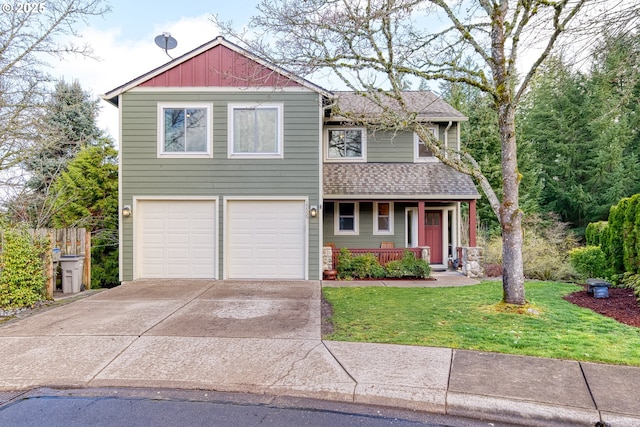 15559 SW Oriole Ct, Sherwood, OR 97140 - view of front of property featuring covered porch, an attached garage, a front yard, driveway, and a shingled roof