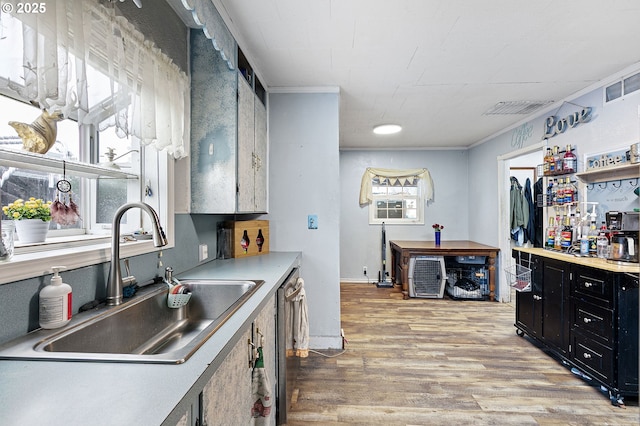 kitchen featuring a sink, dark cabinets, crown molding, light wood finished floors, and dishwasher