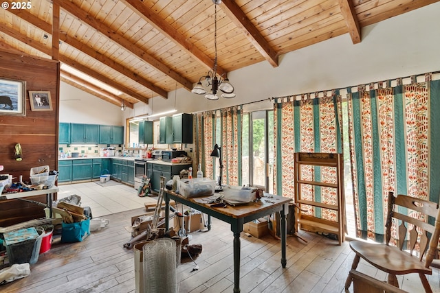 160 Holton Creek Rd, Kerby, OR 97531 - dining area with high vaulted ceiling, light wood-style floors, a wooden ceiling with exposed beams, and a chandelier