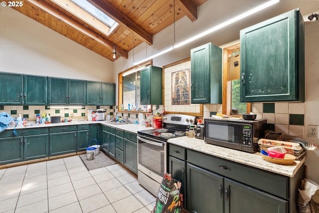 160 Holton Creek Rd, Kerby, OR 97531 - kitchen with stainless steel electric range oven, a skylight, black microwave, a wooden ceiling with exposed beams, and tasteful backsplash
