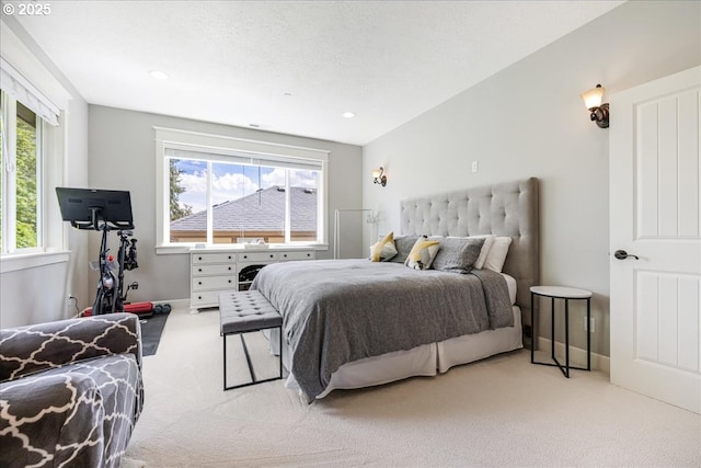 carpeted bedroom featuring baseboards, multiple windows, and recessed lighting