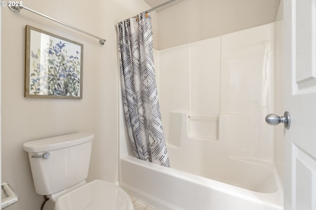 bathroom featuring toilet and shower / bathtub combination with curtain