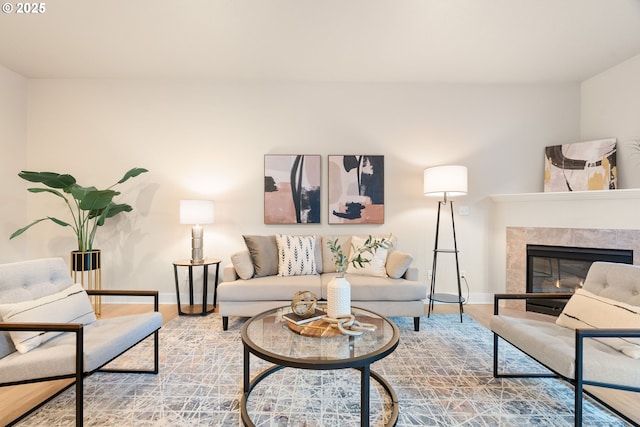 living room featuring a premium fireplace and hardwood / wood-style floors