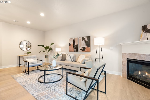 living room featuring a fireplace and light hardwood / wood-style floors