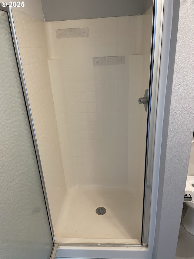 bathroom featuring a shower with shower door