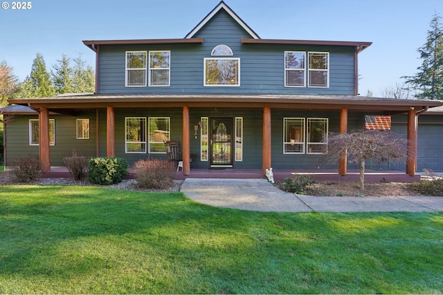 farmhouse with a garage, a front yard, and a porch