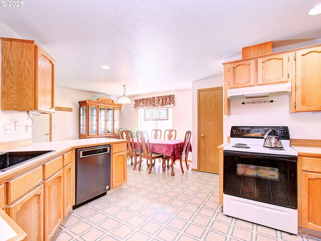 1313 NE 17th Ave, Battle Ground, WA 98604 - kitchen featuring electric range oven, dishwasher, under cabinet range hood, a peninsula, and light brown cabinetry