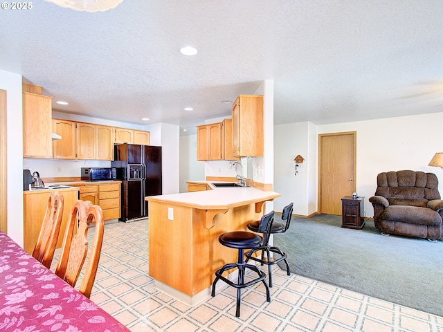 1313 NE 17th Ave, Battle Ground, WA 98604 - kitchen with black appliances, open floor plan, light carpet, a peninsula, and light brown cabinets