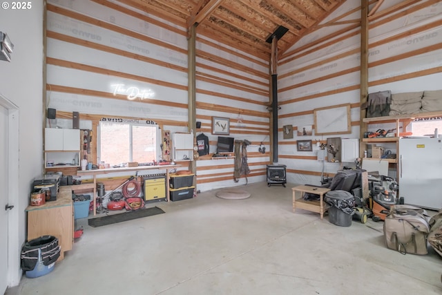 garage with a wood stove