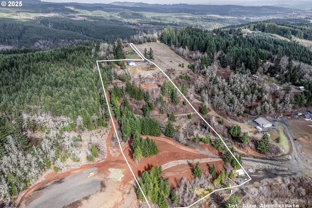 aerial overview of property's location featuring a forest, property boundaries highlighted, and mountains