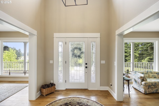 foyer entrance with hardwood / wood-style floors, a high ceiling, and baseboards