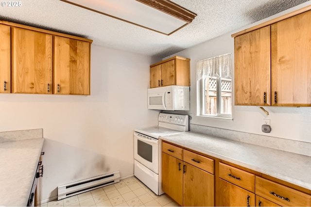 kitchen featuring white appliances, a baseboard heating unit, light countertops, and a textured ceiling