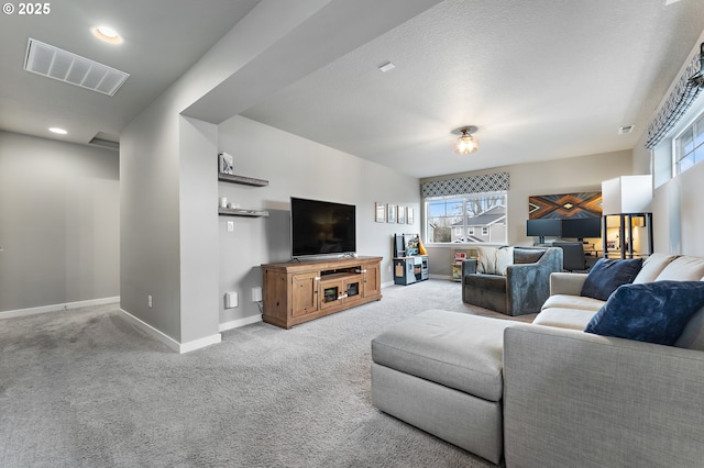 living room with light colored carpet