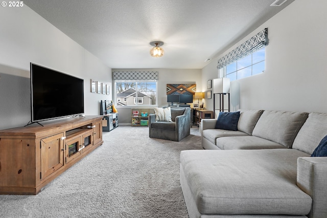 carpeted living room with a textured ceiling