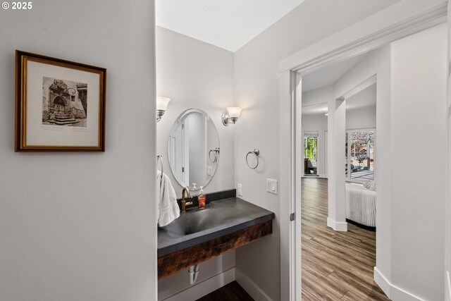 bathroom featuring baseboards, wood finished floors, and a sink