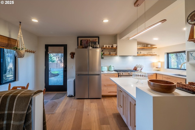 kitchen with open shelves, light countertops, a sink, light wood-type flooring, and appliances with stainless steel finishes