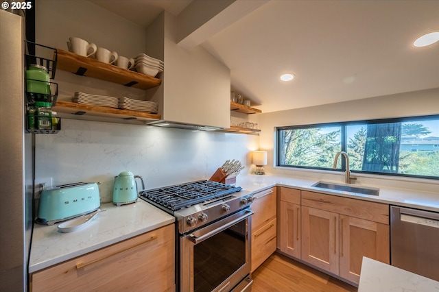 kitchen with open shelves, plenty of natural light, a sink, and appliances with stainless steel finishes