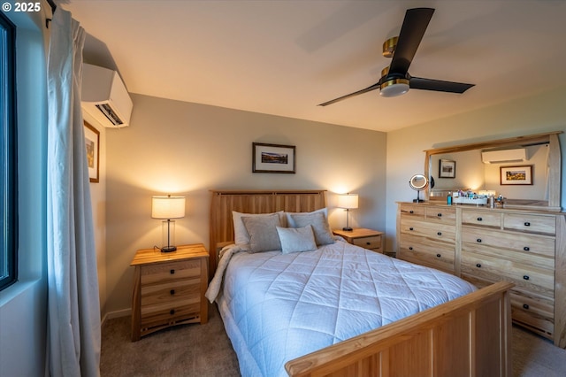 bedroom with carpet flooring, an AC wall unit, and a ceiling fan