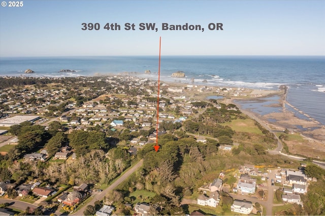 drone / aerial view with a water view and a residential view