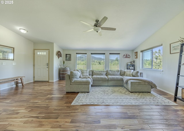 living room featuring ceiling fan, wood finished floors, a wealth of natural light, and lofted ceiling
