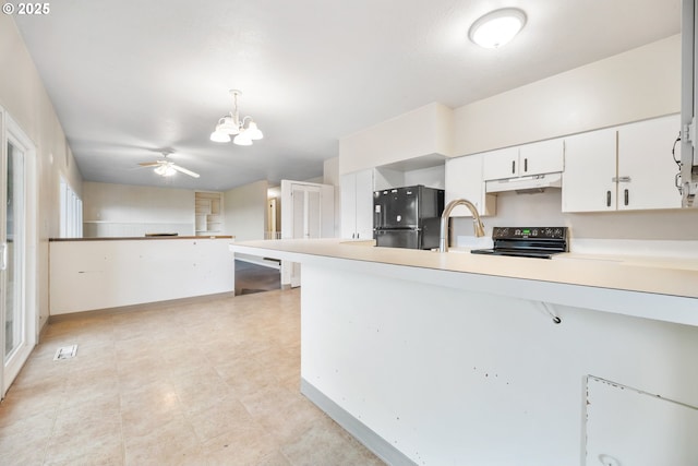 1339 SW 27th Ct, Gresham, OR 97080 - kitchen featuring black appliances, under cabinet range hood, a peninsula, a chandelier, and white cabinets