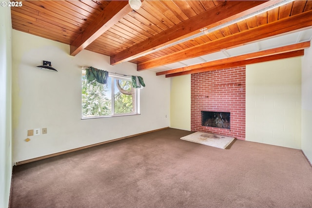 1339 SW 27th Ct, Gresham, OR 97080 - unfurnished living room featuring wood ceiling with exposed beams, a fireplace, and carpet floors