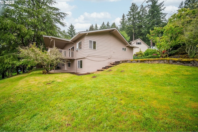 1339 SW 27th Ct, Gresham, OR 97080 - rear view of house with a yard, a patio, a wooden deck, and stairs
