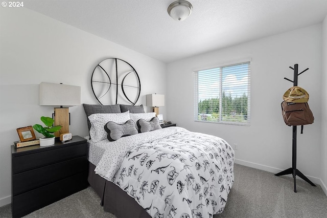 bedroom with a textured ceiling, baseboards, and carpet flooring