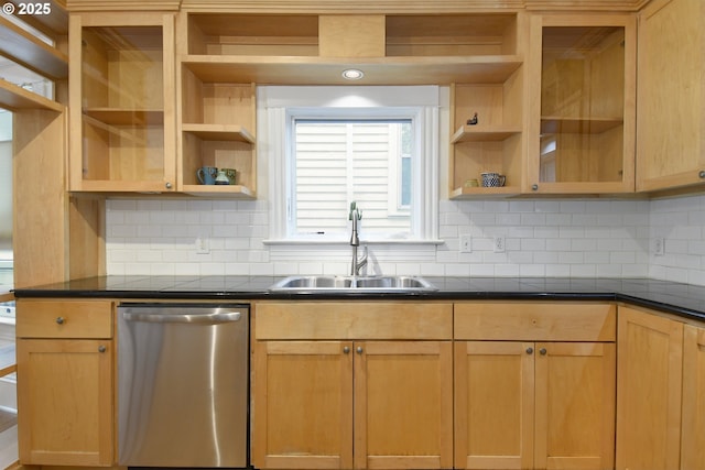 1330 SE 14th Ave SE, Portland, OR 97214 - kitchen with stainless steel dishwasher, open shelves, a sink, and dark countertops