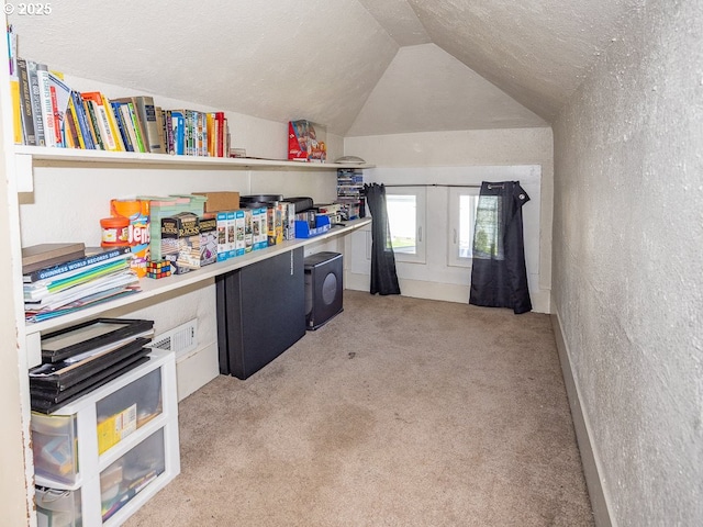 410 E Yacolt Rd, Yacolt, WA 98675 - home office featuring a textured wall, vaulted ceiling, light colored carpet, and a textured ceiling