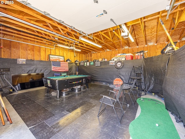 410 E Yacolt Rd, Yacolt, WA 98675 - game room with billiards, a garage, and wood walls