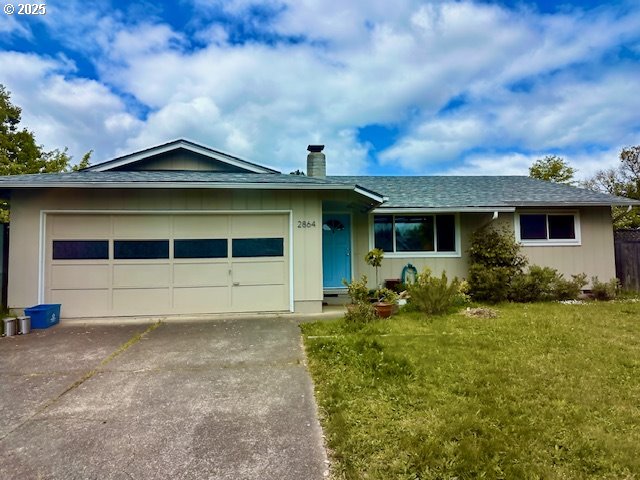 2864 SE Linda St, Corvallis, OR 97333 - ranch-style home with concrete driveway, a garage, a chimney, a front lawn, and roof with shingles