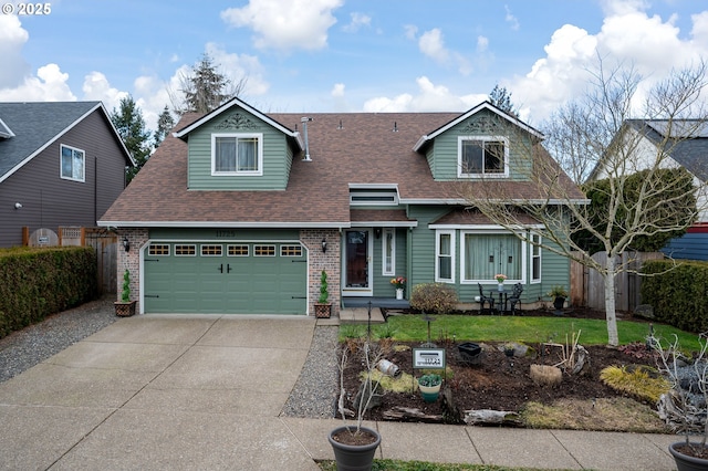 view of front of house featuring an attached garage, brick siding, a shingled roof, concrete driveway, and a front lawn