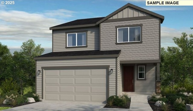 view of front of house featuring concrete driveway, an attached garage, and board and batten siding