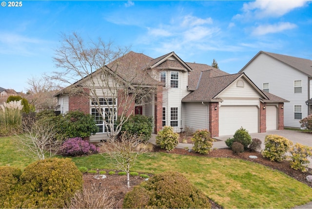 view of front of home featuring a garage, aphalt driveway, roof with shingles, a front lawn, and brick siding