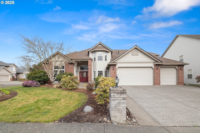 view of front of house with a garage, brick siding, driveway, roof with shingles, and a front lawn