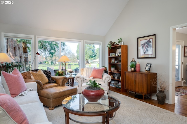 living area with high vaulted ceiling, baseboards, and wood finished floors