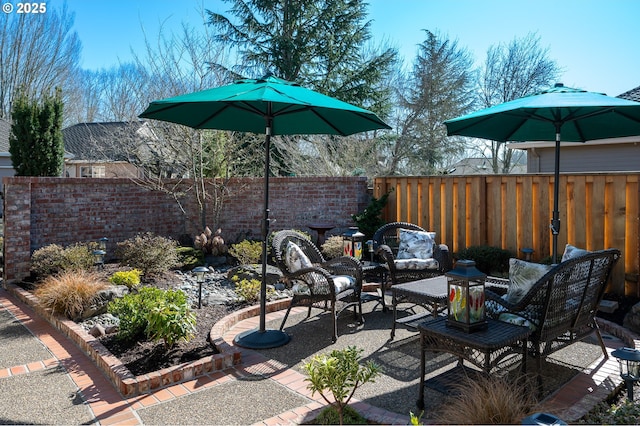 view of patio / terrace featuring a fenced backyard and an outdoor hangout area