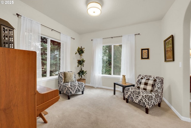 sitting room featuring light colored carpet