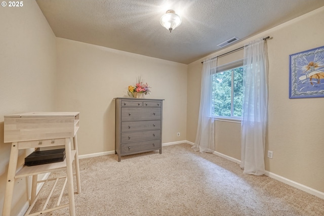 interior space featuring light carpet and a textured ceiling