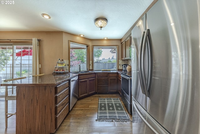 kitchen with dark countertops, dark wood-style floors, plenty of natural light, a sink, and appliances with stainless steel finishes