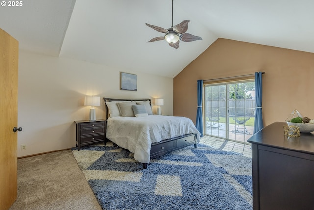 bedroom featuring a ceiling fan, access to exterior, vaulted ceiling, baseboards, and carpet