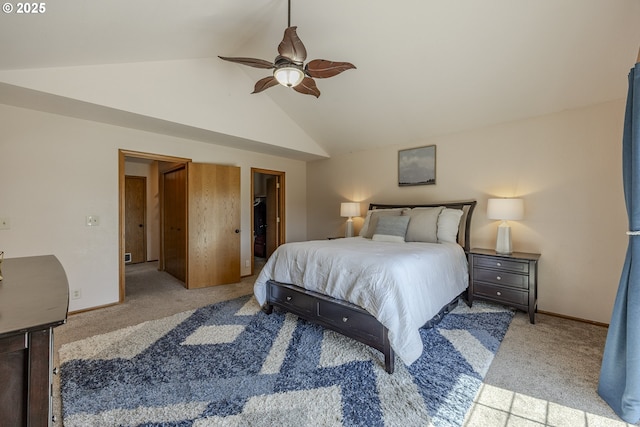 bedroom with a ceiling fan, high vaulted ceiling, light colored carpet, and baseboards
