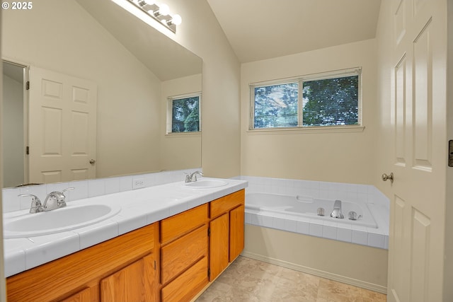 4698 Black Forest Ct, Lake Oswego, OR 97035 - bathroom featuring lofted ceiling, double vanity, and a garden tub