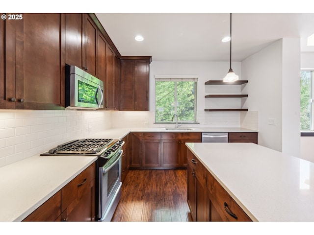 kitchen with decorative backsplash, a sink, light countertops, dark wood-style floors, and stainless steel appliances