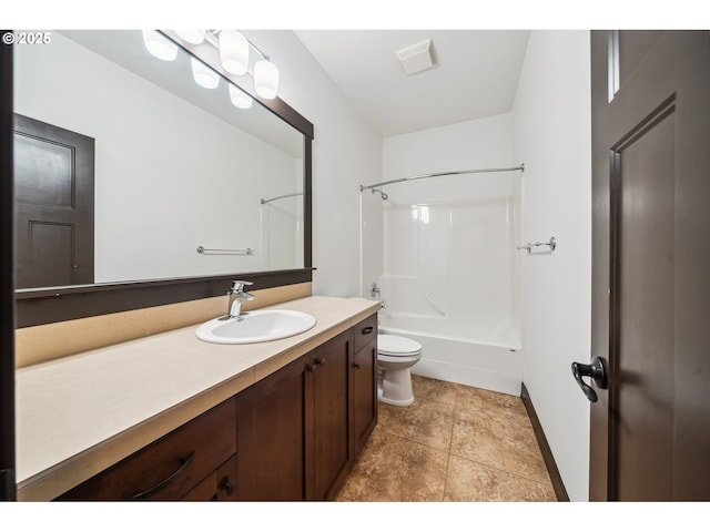 full bathroom featuring shower / bath combination, visible vents, vanity, tile patterned floors, and toilet
