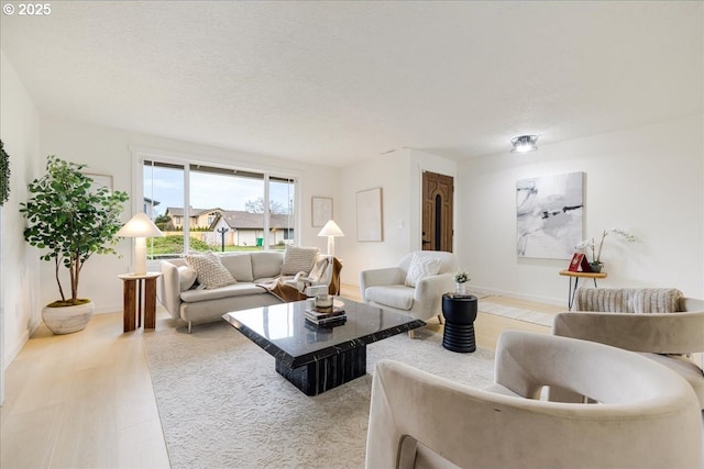 living room with wood-type flooring and a textured ceiling